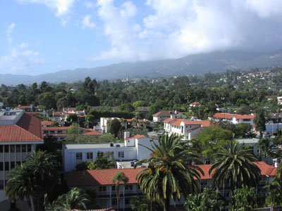 Santa Barbara, looking west-northwest from the County Courthouse tower, with Mission Santa Barbara and San Marcos Pass in the distance