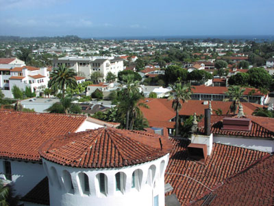 Santa Barbara, looking towards the harbor from the top of the County Courthouse, showing the distinctive red-tiled roofs